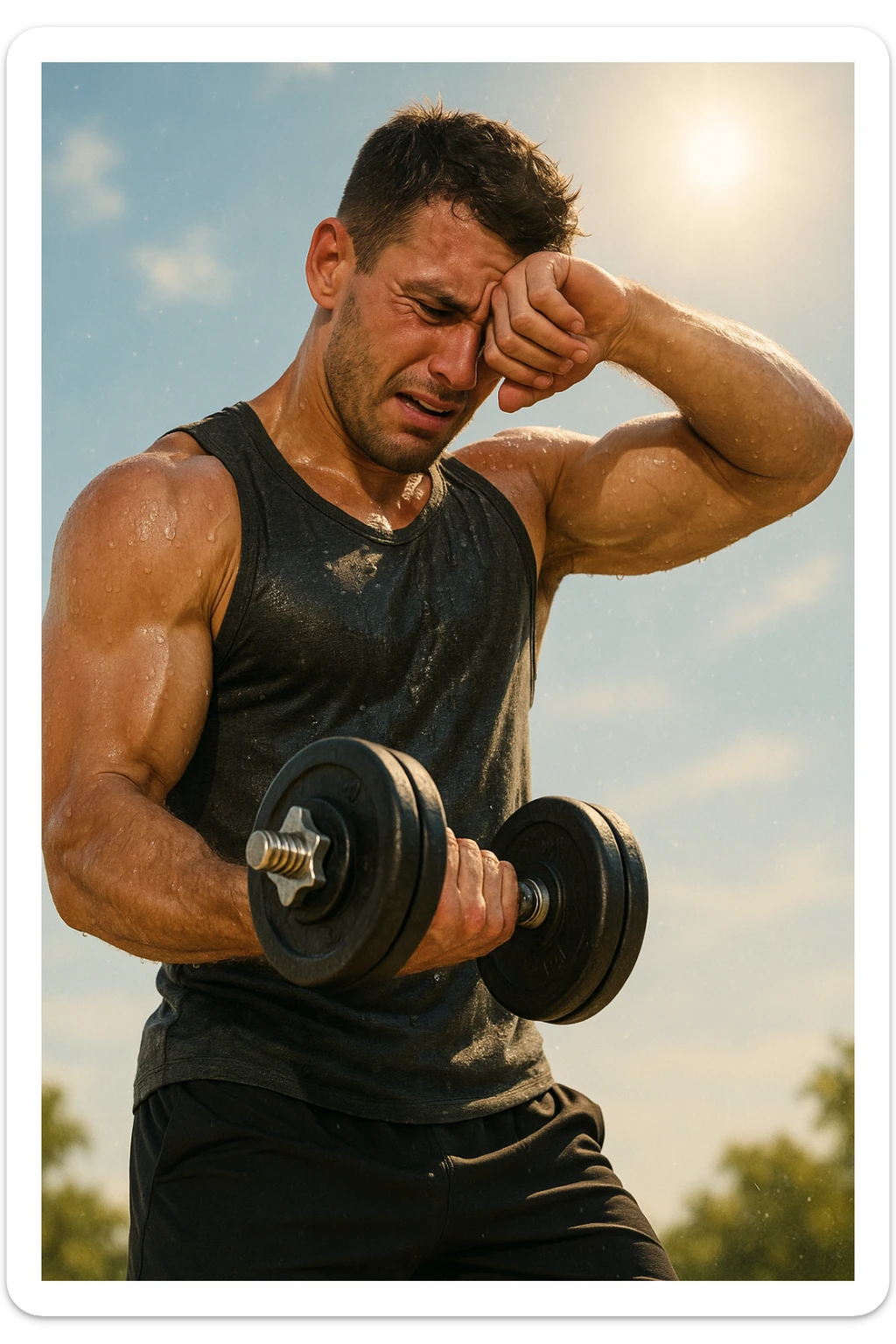 uomo fitness che si allena in estate, tutto sudato, con una mano fa un curl manubri mentre con l'altra mano si asciuga il sudore dalla fronte, espressione affaticata in volto sticker