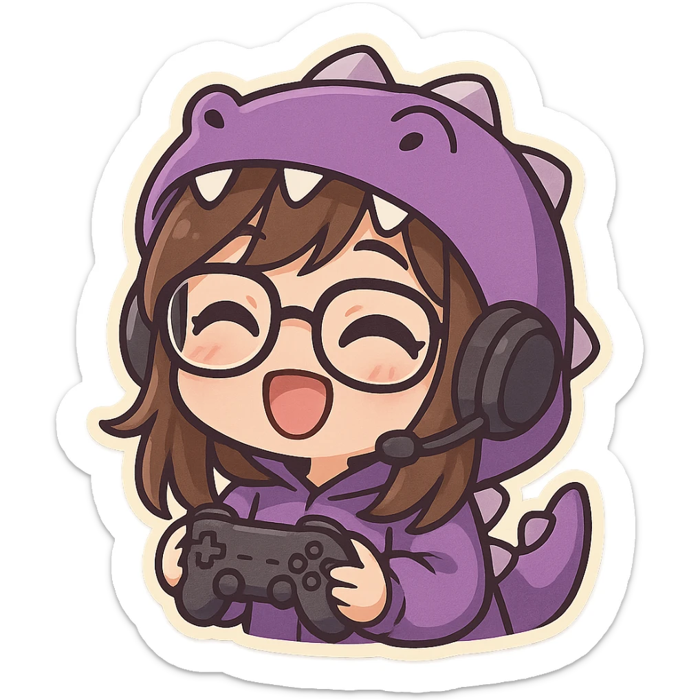 chibi anime style gamer girl with glasses, brown hair, dark purple eyes, wearing a purple dinosaur costume, making a happy emote sticker