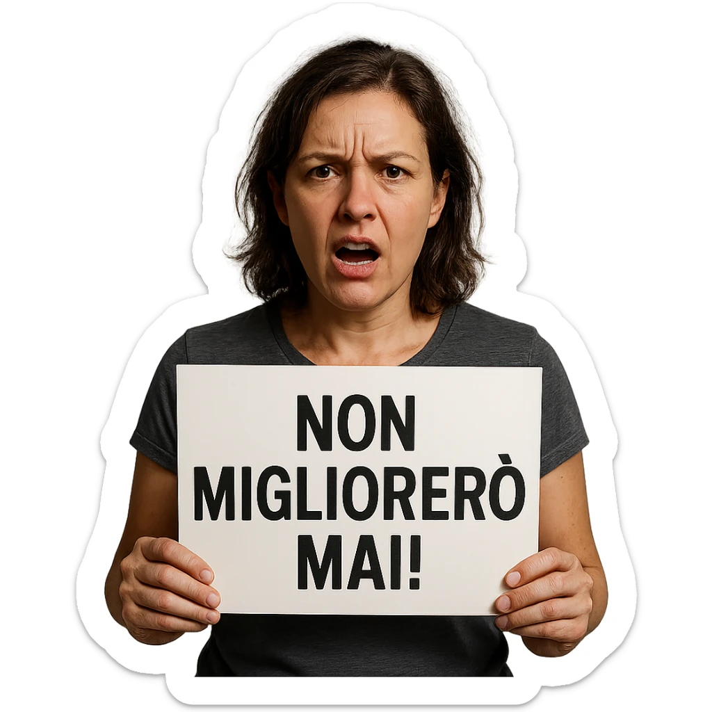 DONNA CHE TIENE UN CARTELLO IN MANO CON LA SCRITTA "NON MIGLIORERò MAI!", iperrealistico 4k sticker