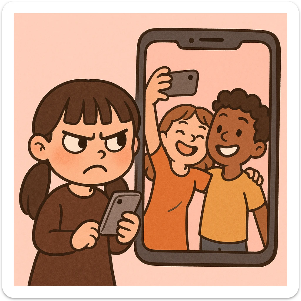 charming cartoon of a girl with long dark hair in low pigtails and blunt bangs, dark brown outfit, holding a phone and frowning angrily; next to her, a big phone screen shows two friends happily taking a selfie; minimal pink background; soft, expressive, and humorous style; focus on jealousy and exclusion sticker