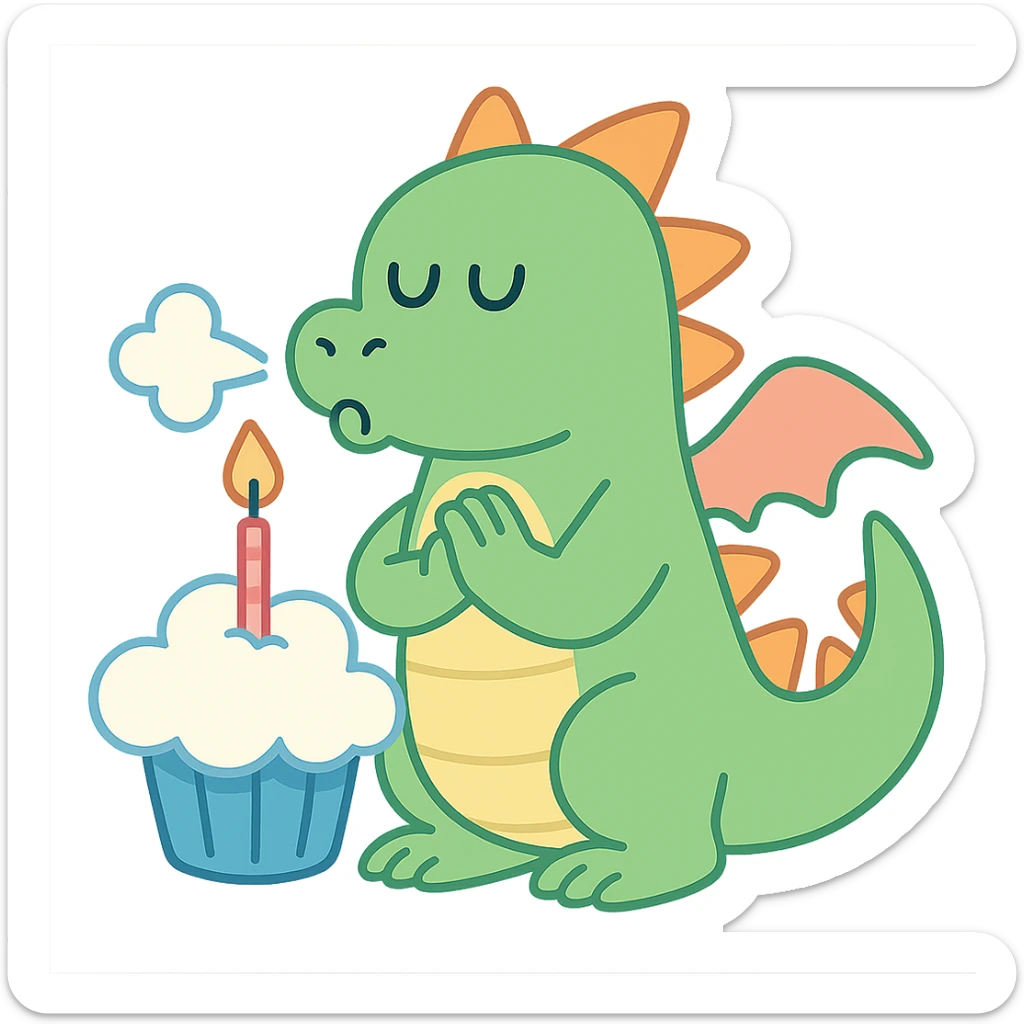 dragon with 1 line smiley eyes, blowing out candles on a cloud cupcake, in a 'making a wish' pose, pastel-toon style sticker