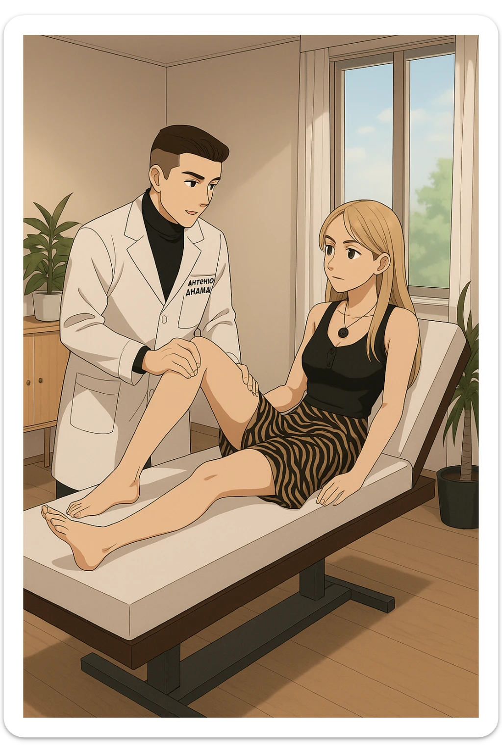 fai un webtoon/manga a colori con questo kinesiologo in camice bianco (fagli la scritta "ANTONIO ANANIA" SUL CAMICE) CHE SVOLGE UN TEST NEUROMUSCOLARE SOLLEVANDO UNA GAMBA ALLA RAGAZZA CHE è STESA SU UN LETTINO BIANCO. STANZA SEMPLICE E MODERNA, DURANTE IL TEST I DUE DIALOGANO TRA LORO. NON FARE I FUMETTI, FAI SOLO LORO COME SE DIALOGASSERO sticker