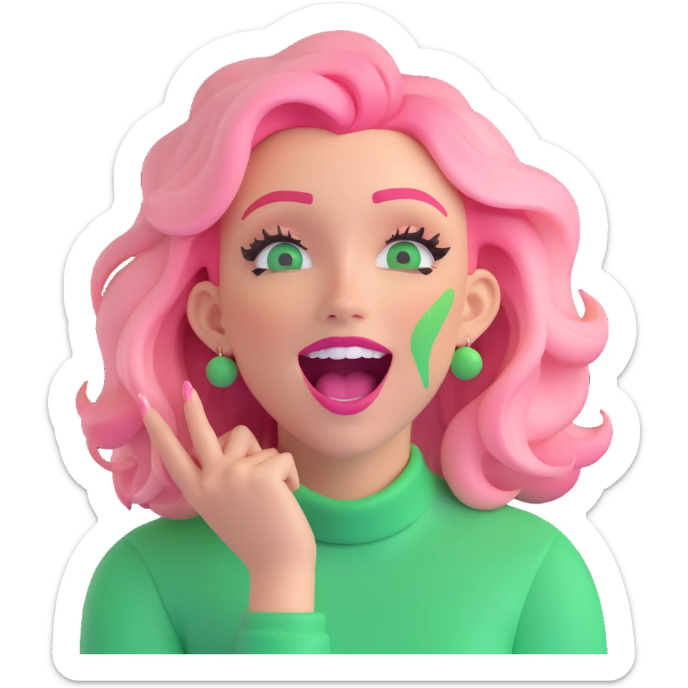 an excited woman with blond and pink hair and green make up sticker