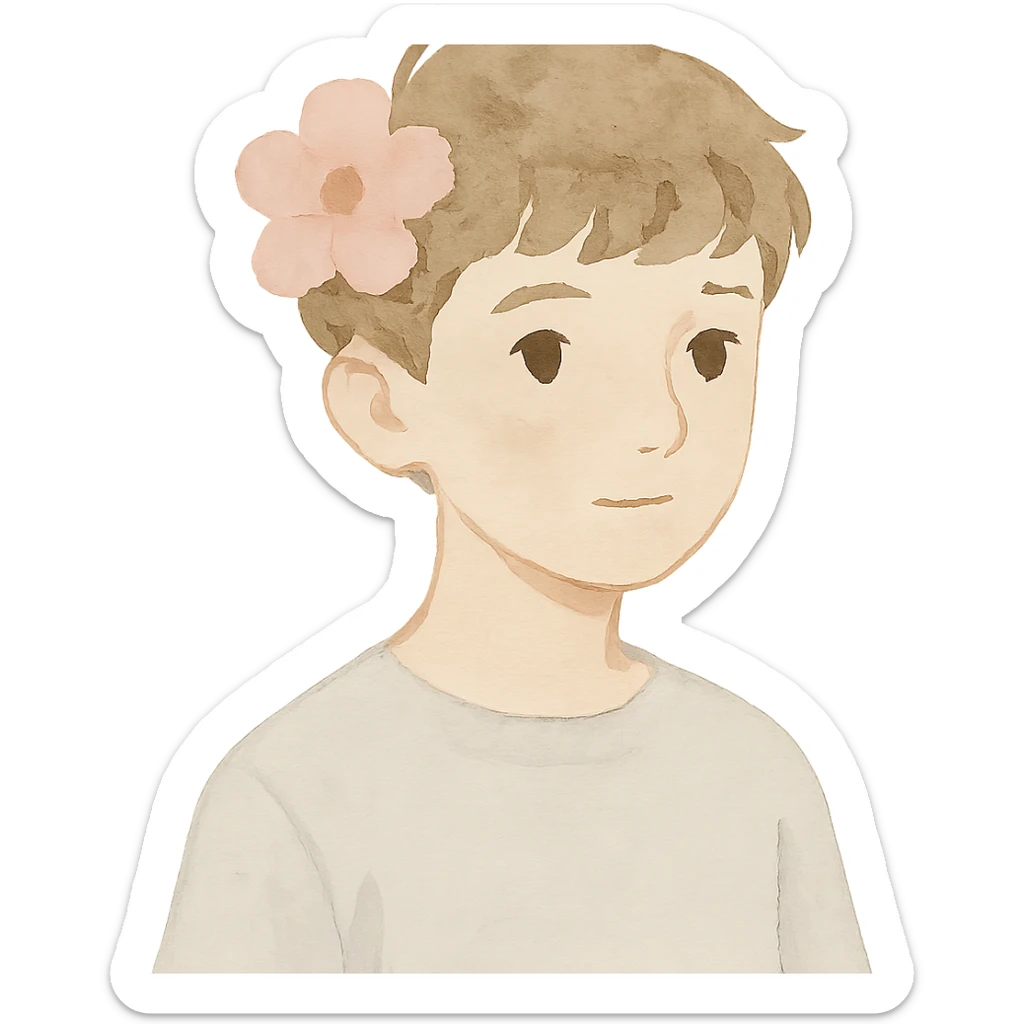a boy with fluffy, wavy short hair and brown eyes, wearing a light grey t-shirt and a light pink flower on his head, watercolor art style sticker