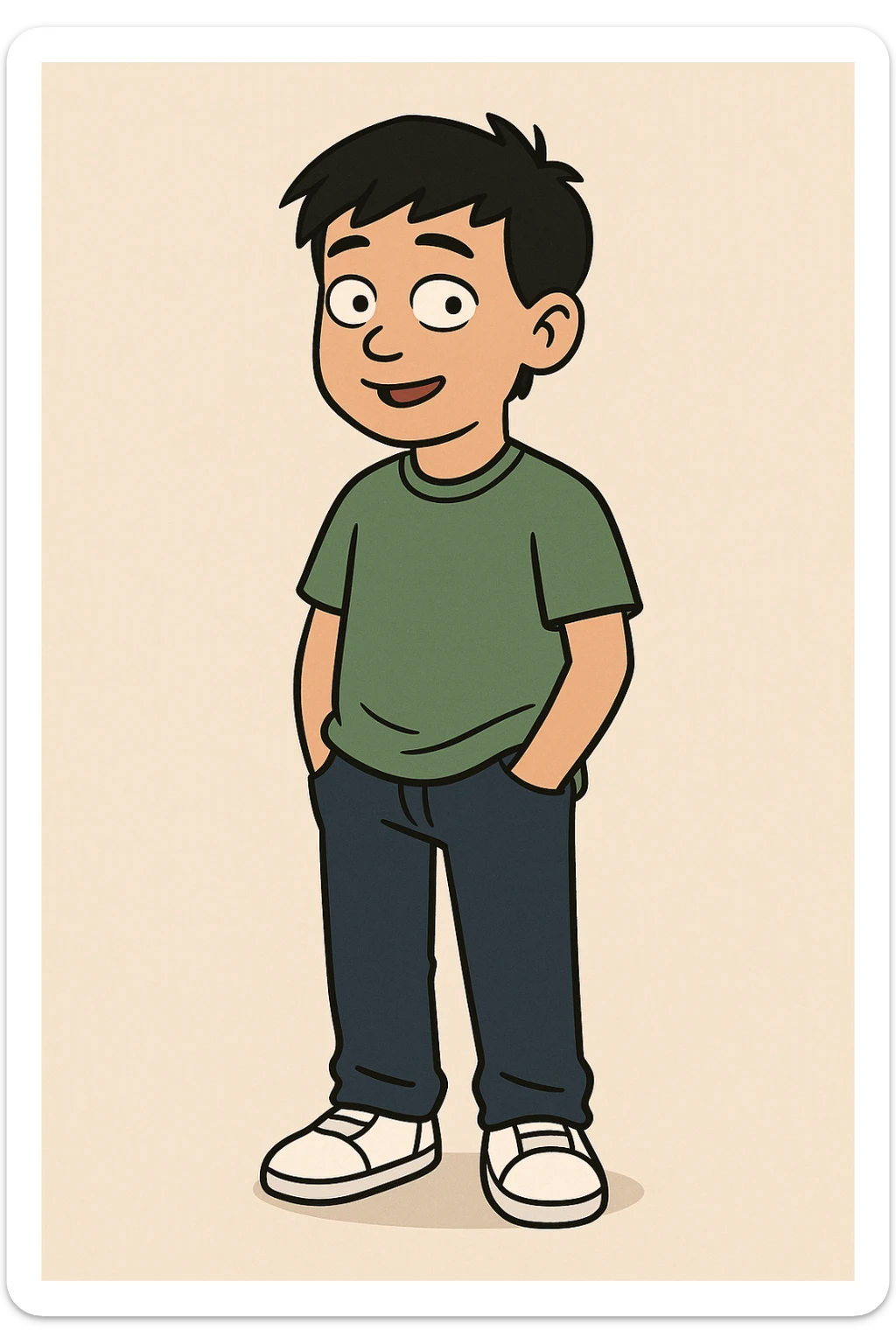 Chinese boy black hair green t-shirts dark blue jeans white shoes  sticker