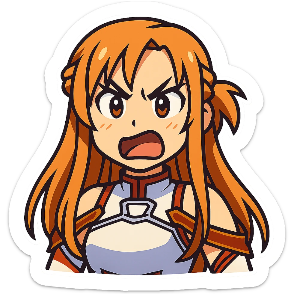 Sticker of Asuna from Sword Art Online in vibrant toon cartoon style, angry expression, transparent background, inspired by the reference image. sticker