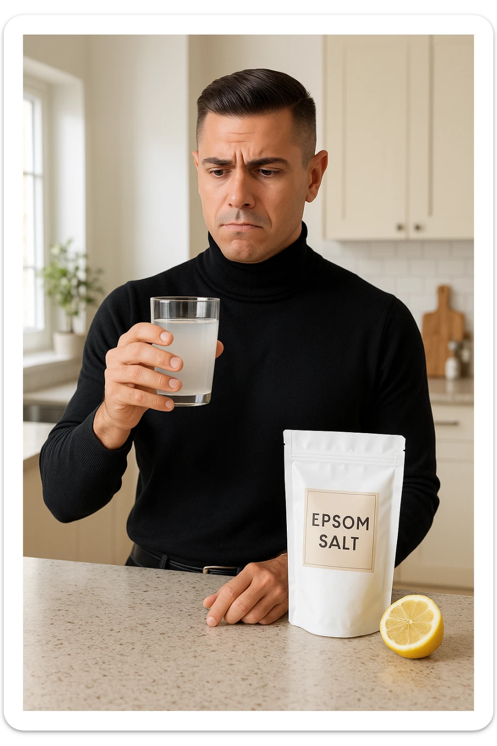 A realistic, bright photo-style image of a young man in his 30s standing in his kitchen, holding a clear glass filled with water in which Epsom salt (magnesium sulfate) has been dissolved. He looks focused but slightly uncertain as he prepares to drink it for a liver flush or digestive cleanse. The glass shows slight cloudiness from the dissolved salt. On the counter are a packet labeled 'Epsom Salt' and a sliced lemon, suggesting he might use it to mask the taste. The setting is clean, natural, and bright with neutral tones. The background shows sunlight streaming through a window, emphasizing a clean, minimalist health-focused environment. The mood conveys a realistic, calm moment of self-care with a hint of discomfort, illustrating a natural detox practice sticker