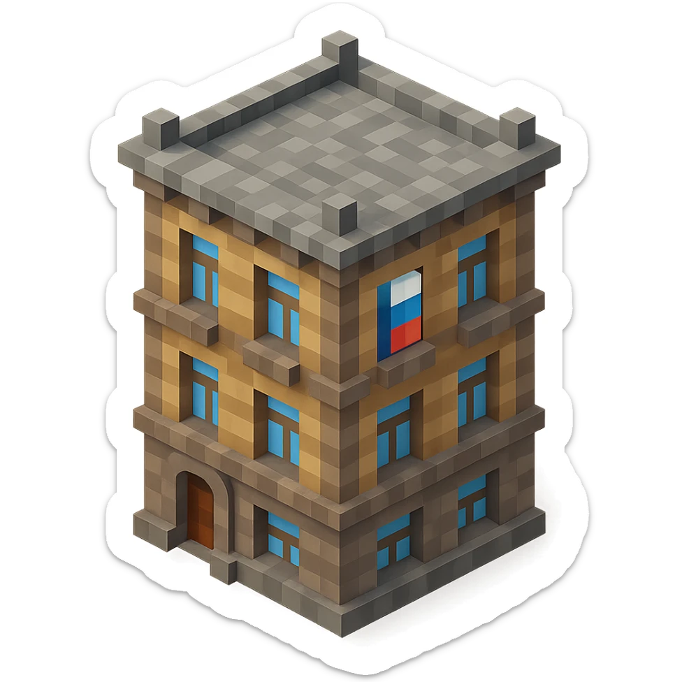 old Saint Petersburg building in voxel style, gray-brown tones, Russian flag hanging vertically in a window, isometric view sticker
