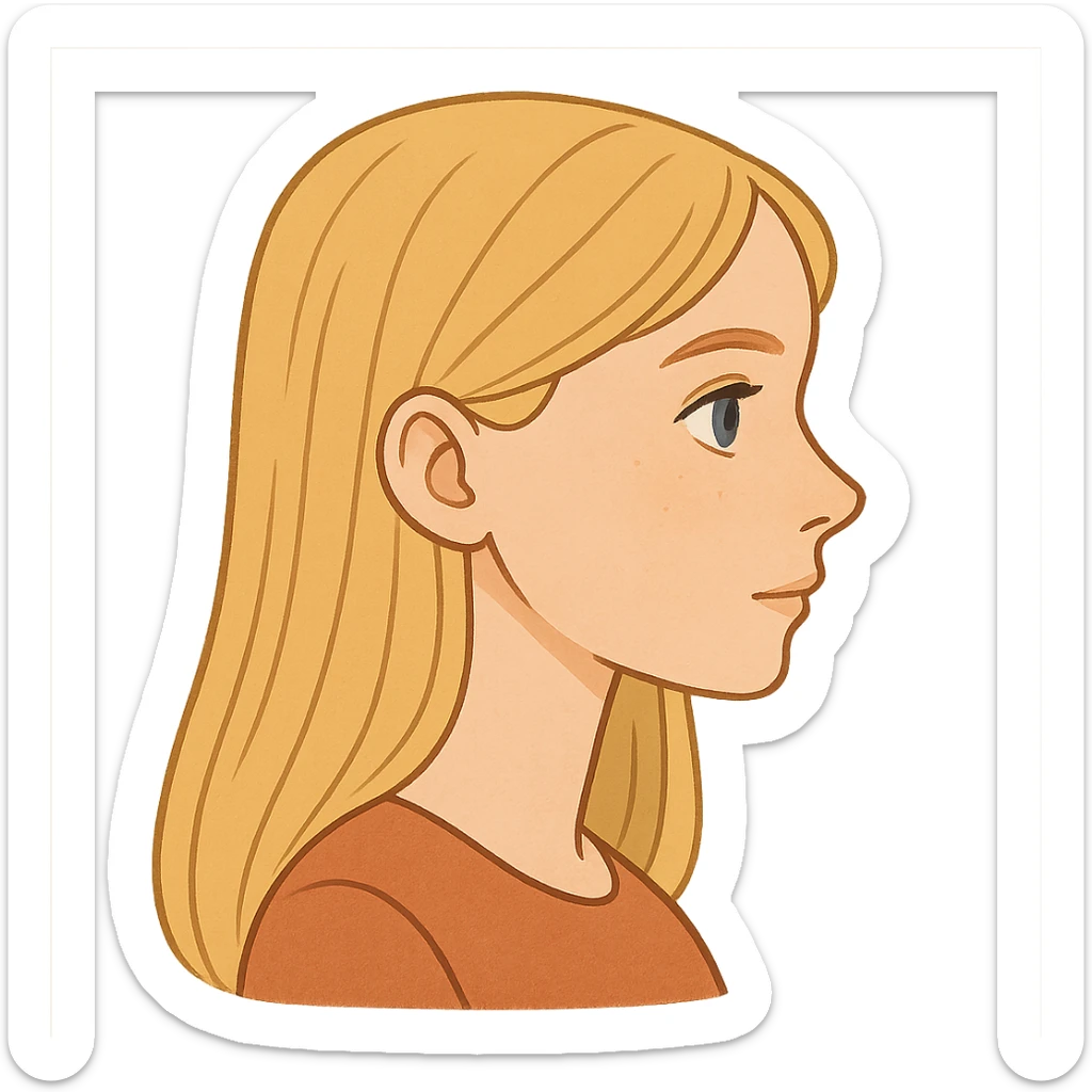 blonde girl with blue eyes, straight hair, side profile, general illustration style sticker