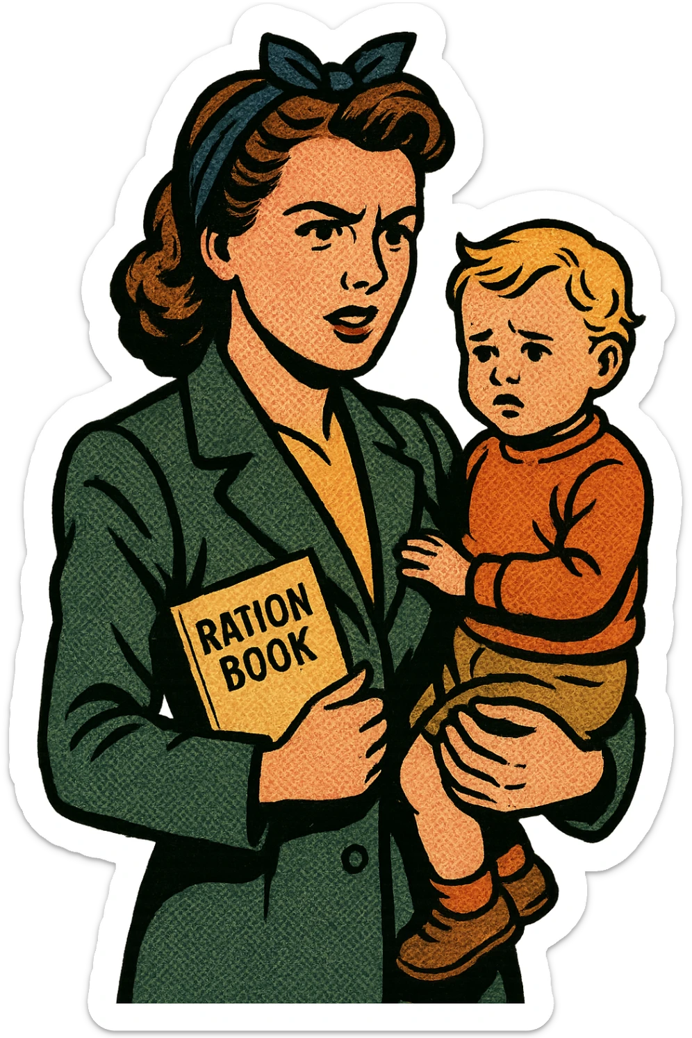 A young British 1940s civillian lady from wartime holding a small child and her ration book sticker