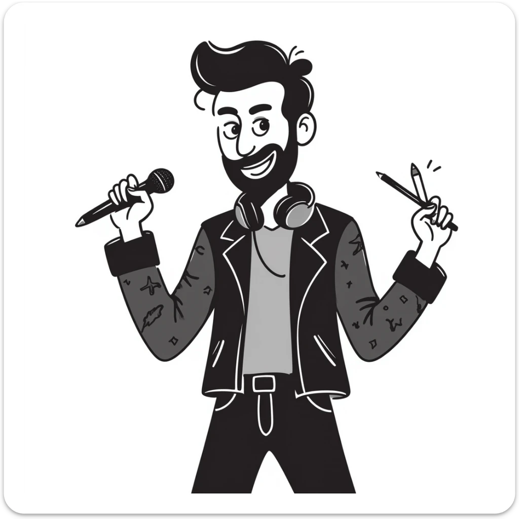 rock star with neat trimmed beard, tattooed arms, headphones resting on shoulders, happy expression, holding mic in one hand and pencil in other sticker