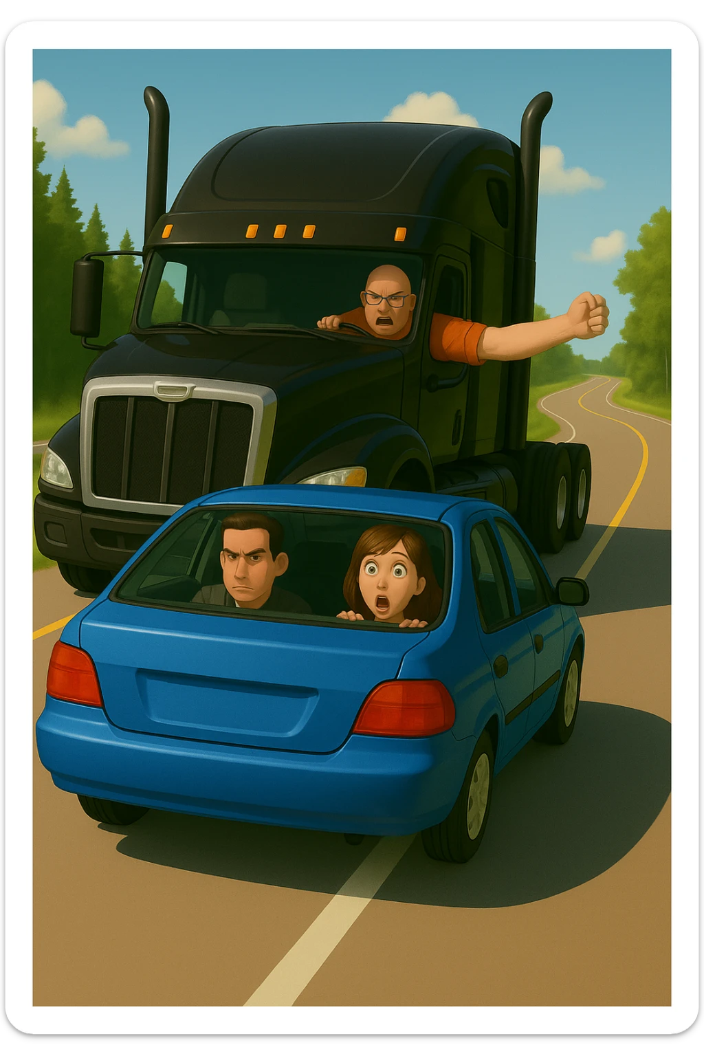 Make the driver of the black semi truck look angry, bald, wearing an orange shirt and glasses, with their arm out the window. Keep the scene bright and vibrant, with a person in the car in front. sticker