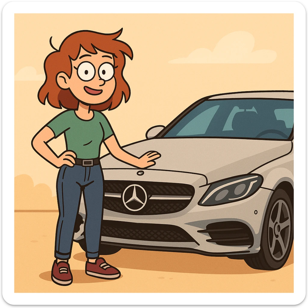 modern illustrative style, vibrant colors, girl standing next to a Mercedes car, simple background sticker