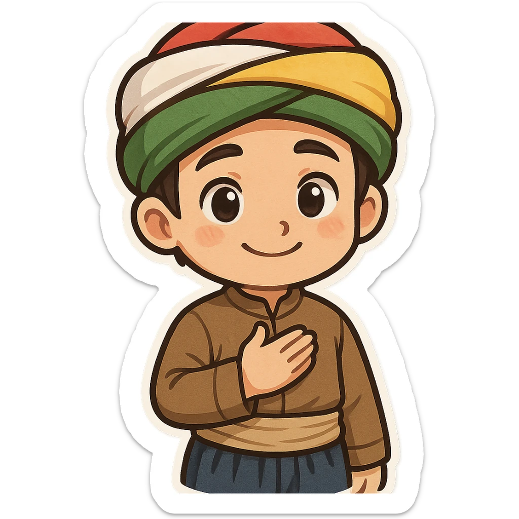 cartoon sticker of a Kurdish boy in traditional clothing, hand on chest (salute) pose, gentle smile, colorful and cheerful, no text, suitable for WhatsApp and Instagram sticker