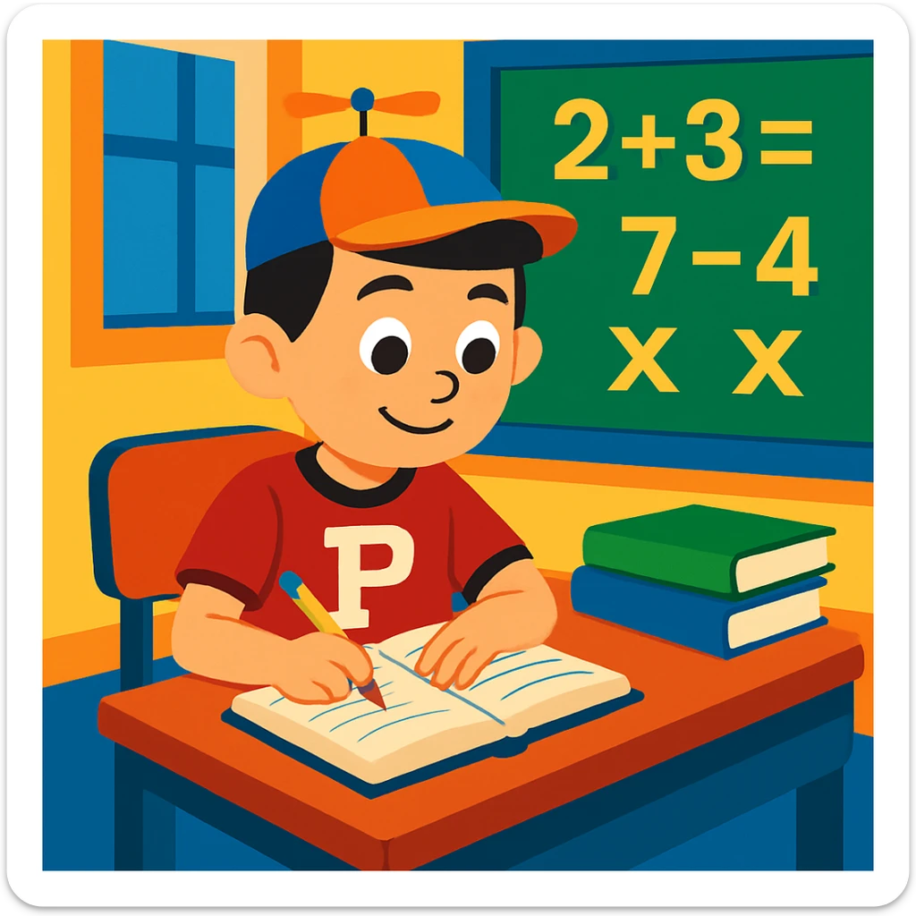 Change Little Johnny's hair to dark brown or black, keeping the rest of the scene the same: boy with a propellor hat and Philadelphia sports shirt, sitting at a desk in a math classroom, focused and organized, cartoon style. sticker