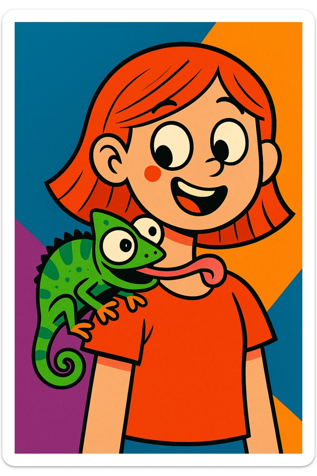 funny cartoon chameleon with big eyes licking a girl's shoulder, playful, vibrant colors sticker