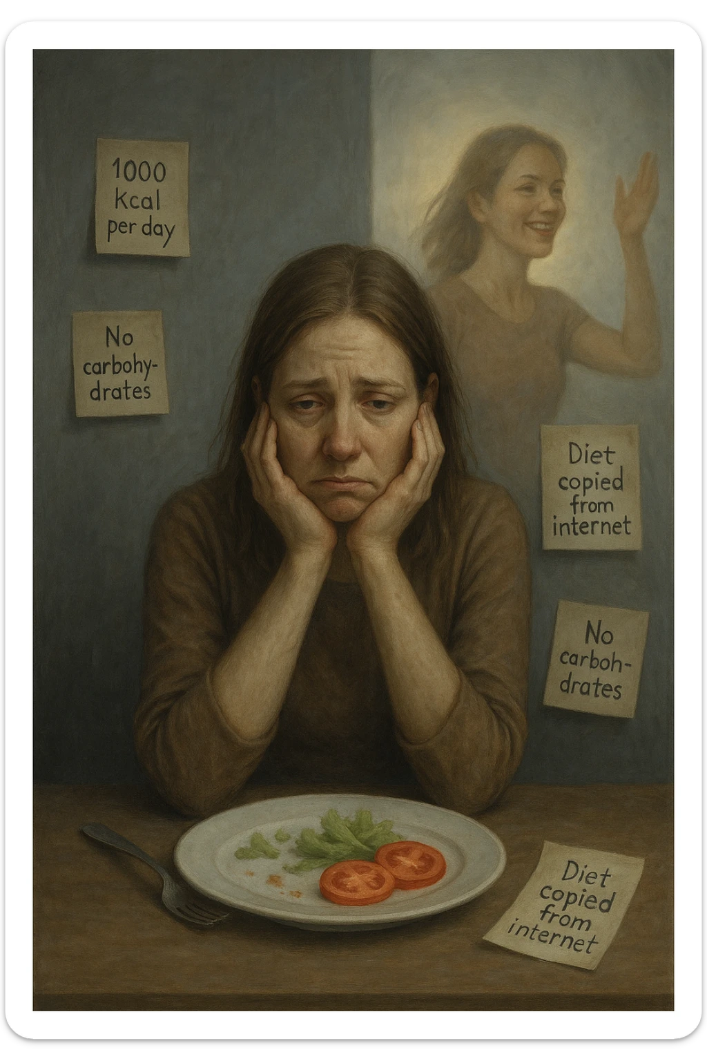 Donna tra i 30 e i 40 anni seduta a tavola, davanti a un piatto quasi vuoto con solo insalata e due fette di pomodoro. Il suo volto è visibilmente triste, stanco, con occhi spenti. Intorno a lei, foglietti attaccati con scritte come '1000 kcal al giorno', 'No carboidrati', 'Dieta copiata da internet'. L’atmosfera è fredda, grigia, priva di energia. Il suo corpo appare spento e scarico. Sullo sfondo, la sagoma di sé stessa più felice e piena di vitalità, come ricordo di un approccio migliore mai seguito. Stile realistico e simbolico sticker