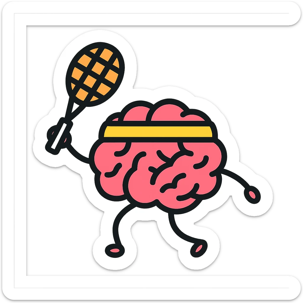 a brain with a sweatband, swinging a tennis racket, colorful outline icon style sticker