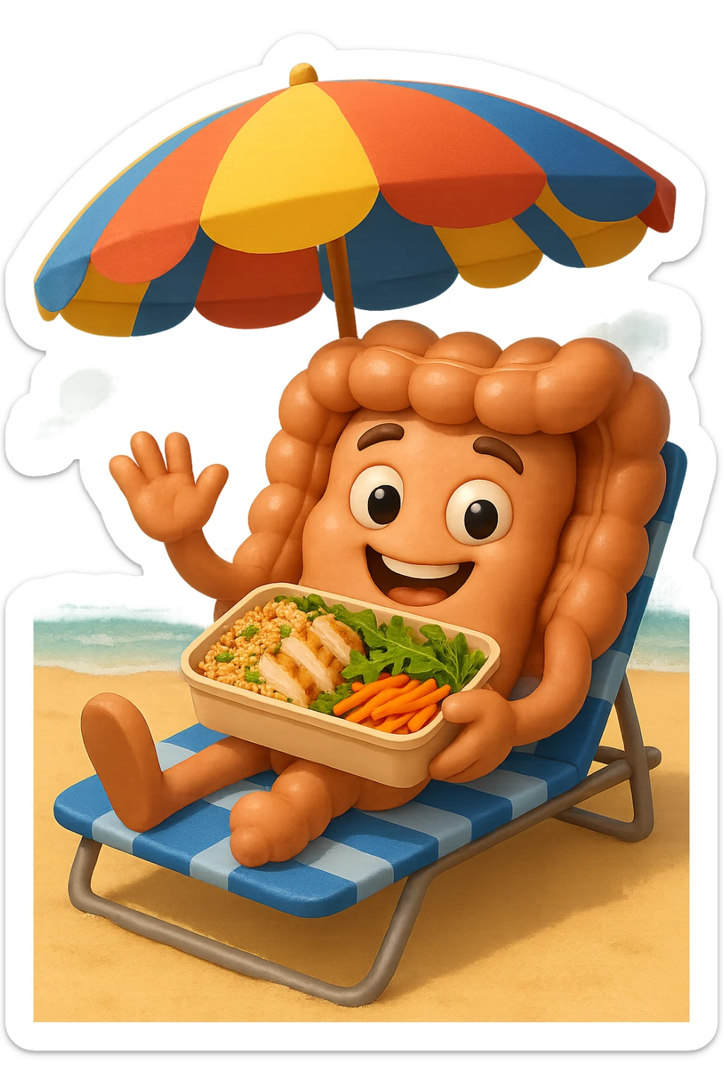 EMOJI STILE IPHONE DI INTESTINO IN SPIAGGIA SU UNA SPIAGGINA SOTTO L'OMBRELLONE CON IN MANO UNA SCHISCETTA DI Insalata di quinoa e pollo con rucola e carote, iperrealistica 4k sticker