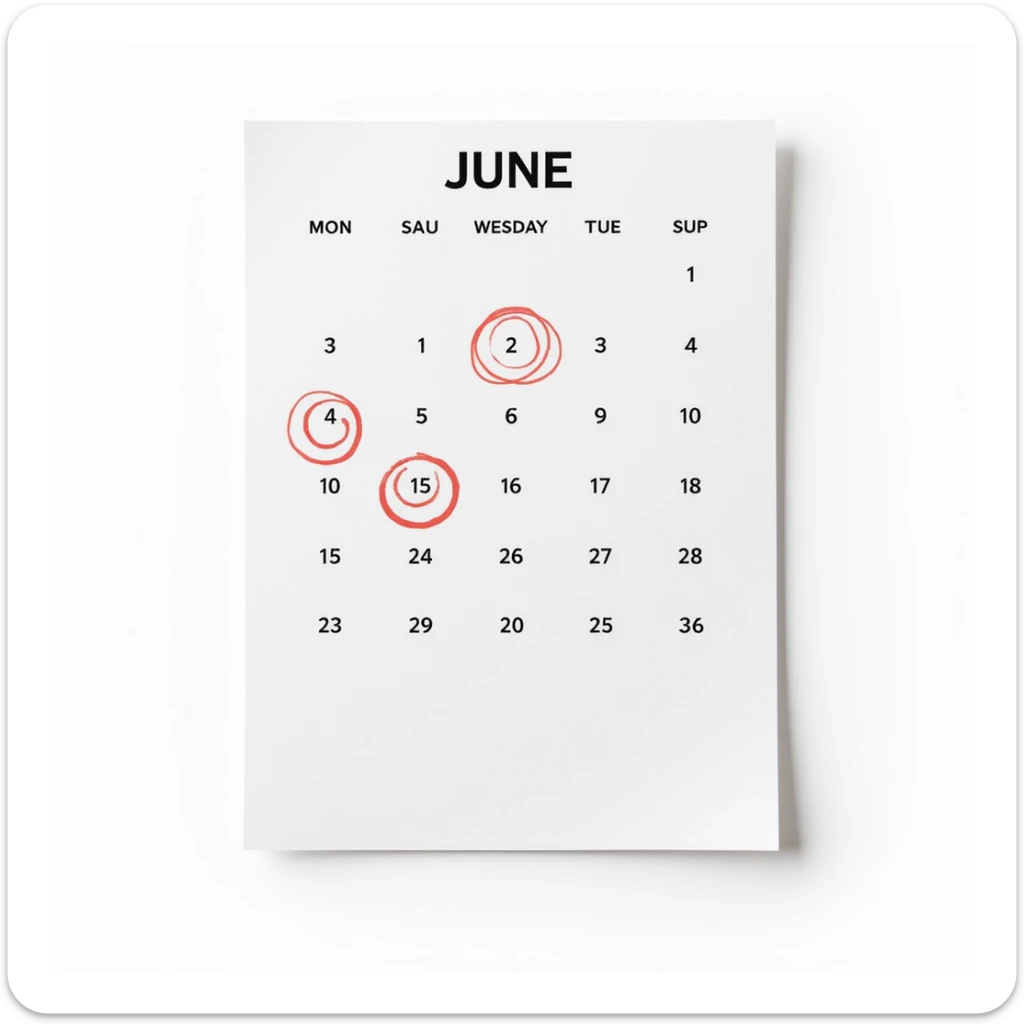 hyperrealistic calendar sheet in 4K, isolated, no background, with days from Monday June 1 to Saturday June 7 circled in red, no border or shadow, just the sheet sticker