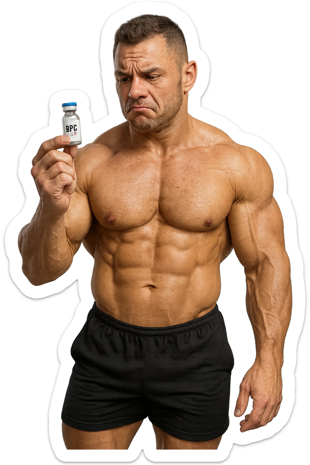 BODYBUILDER A FIGURA INTERA CHE TIENE IN MANO UNA FIALA MEDICA CON la scritta "BPC 157" SULL'ETICHETTA E LA GUARDA DUBBIOSO, iperrealistico 4k sticker