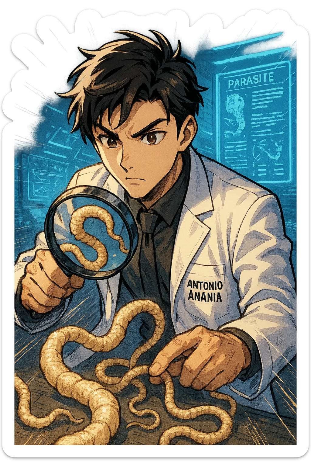 A dynamic manga/webtoon-style illustration of a young male kinesiologist wearing a clean white lab coat, analyzing light beige worms like a tapeworm under a magnifying glass. His expression is focused and slightly intrigued, with sharp, detailed eyes. The art style is vibrant, with bold linework, rich colors, and dramatic lighting. The background is a futuristic laboratory with glowing holographic screens displaying parasite data. The tapeworm is intricately drawn, slimy and segmented, with a slightly exaggerated yet realistic texture. The composition is dynamic, with motion lines or energy effects to emphasize his scientific investigation. The atmosphere is intense but not dark, keeping a balance between scientific seriousness and stylish manga aesthetics, he has "ANTONIO ANANIA" WRITTEN ON WHITE LAB COAT sticker