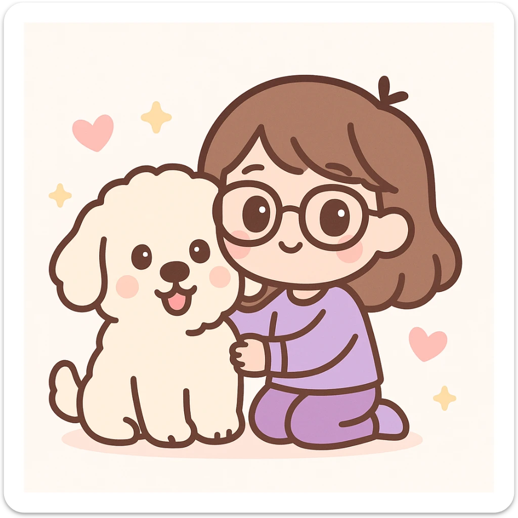 brunette female with glasses in a purple outfit and her large white or cream colored goldendoodle, chibi style sticker