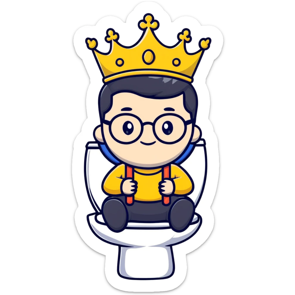 Royal king with crown sitting on a toilet, wearing round glasses and black hair sticker