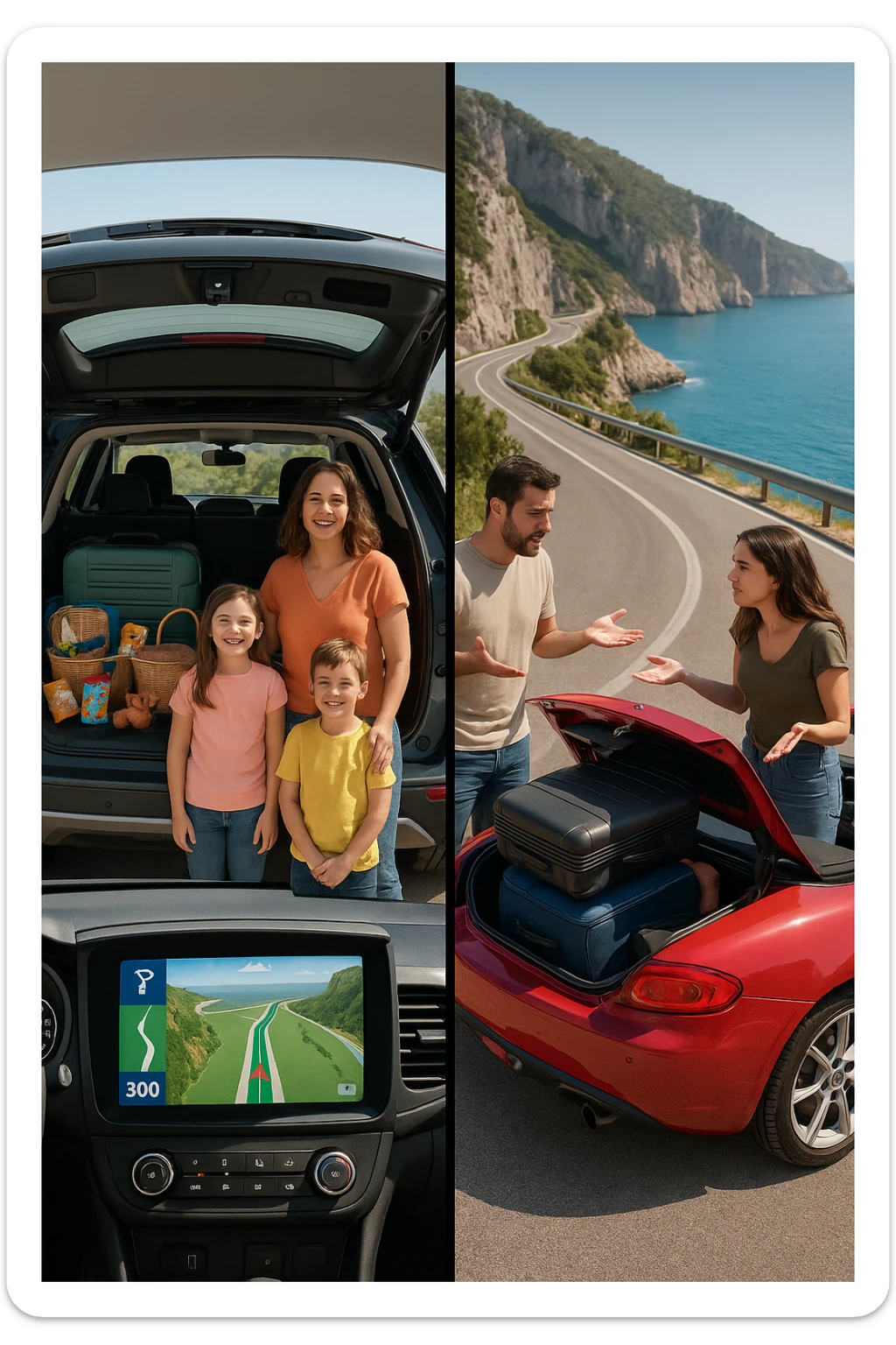 "Spacious family SUV loaded with luggage, snacks, entertainment for kids, GPS showing clear 300km route planned with rest stops, happy family ready for road trip; contrasted with impractical two-seater convertible with no storage space, couple arguing about what to leave behind, suitcases barely fitting, comfort vs style dilemma, Italian coastal highway background" sticker