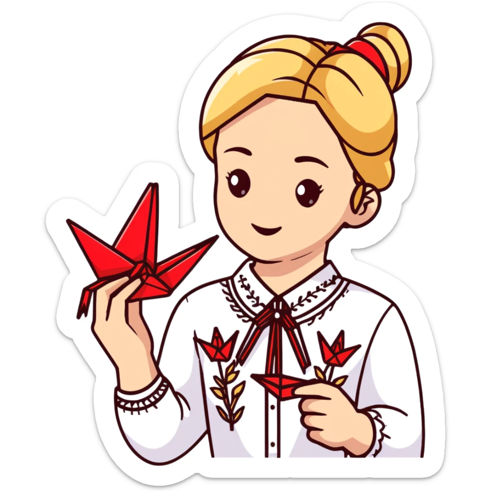 Ukrainian young girl with blonde braided hair wearing a white traditional embroidered shirt (vyshyvanka) holding a red origami paper crane in her hands sticker