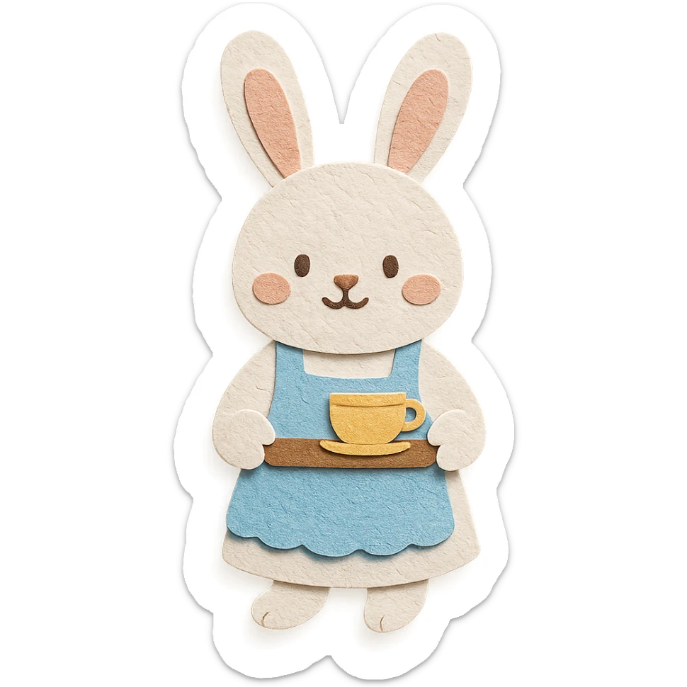 highly detailed, high quality paper craft style illustration of a white bunny in an apron holding a tea tray, intricate textures, soft lighting, delicate cut-paper details sticker