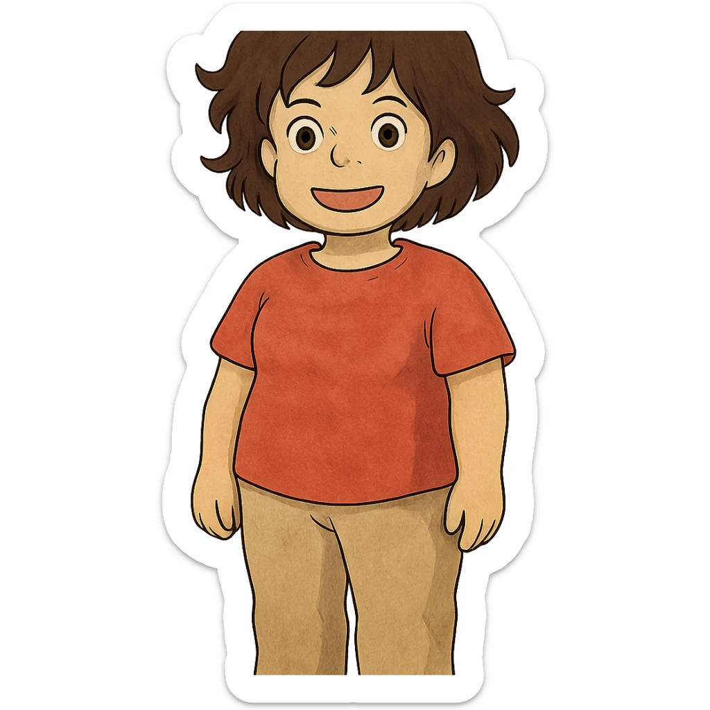 character with dark brown wavy hair, big brown eyes, small nose, big pink mouth, medium weight, medium height sticker
