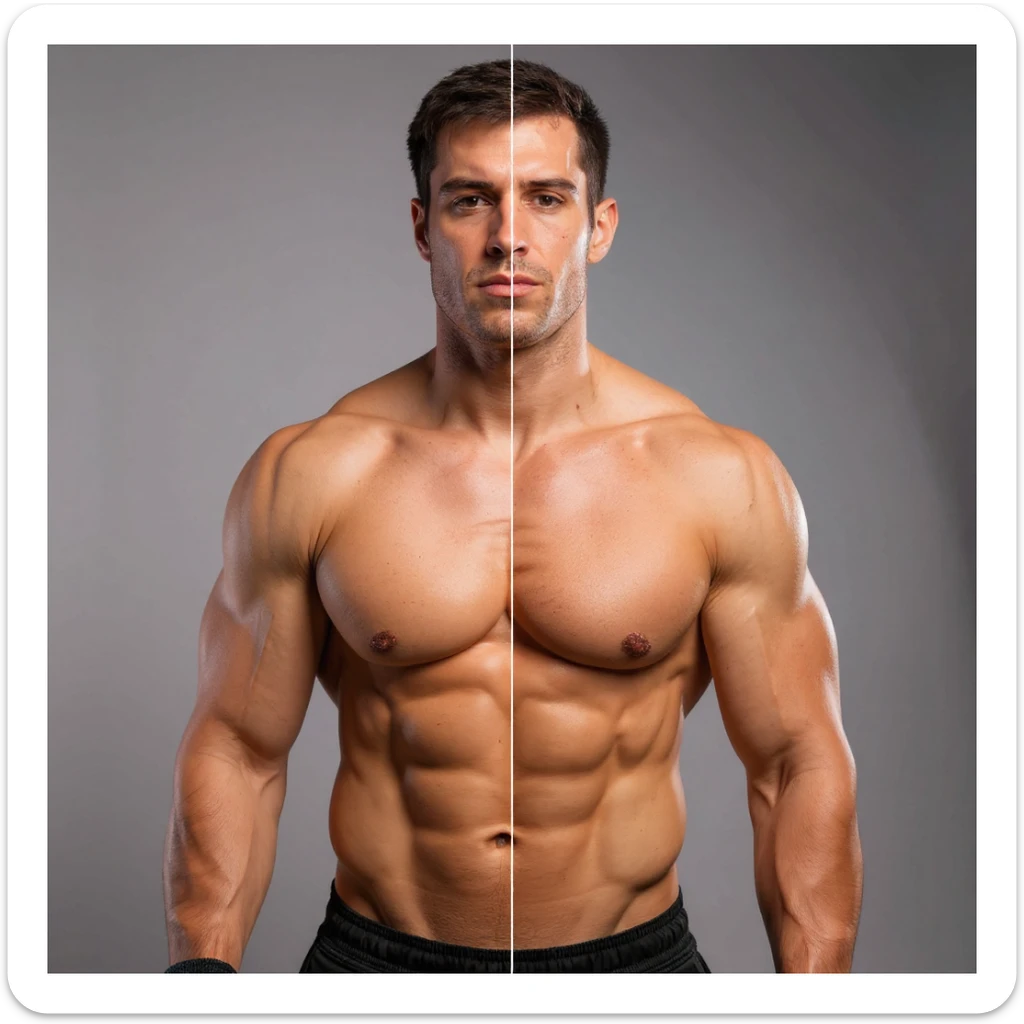 Realistic style image of a shirtless male bodybuilder, half body bulk (mass), half body cut (extreme definition), visible veins. Different expressions: serious, doubtful, satisfied. Neutral background. sticker
