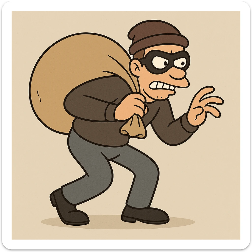 a thief character, cartoon style, holding a sack of loot, exaggerated sneaky pose sticker
