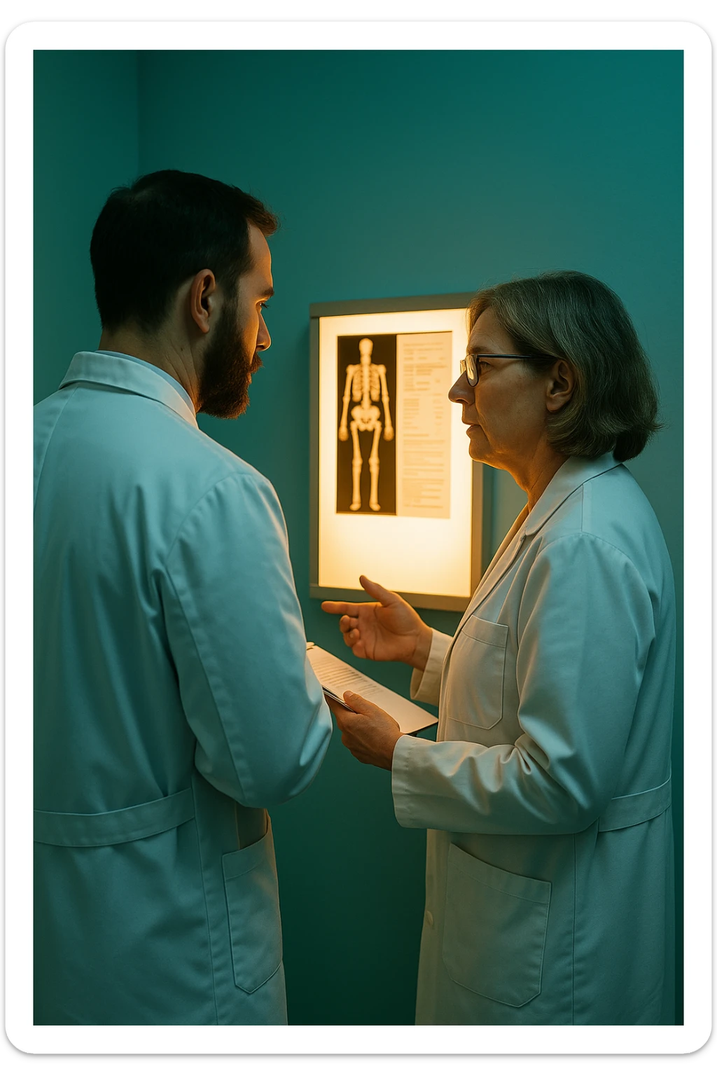 Realistic, detailed photo taken from behind of two doctors—a bearded man and a middle-aged woman—standing and facing each other as they discuss a diagnosis in front of a medical chart. The scene is illuminated by a yellowish, orange, warm light that softly envelops the doctors. The entire room is bathed in a single green-blue color, creating a cohesive and modern atmosphere. Both doctors wear white coats, and their body language suggests a serious, professional conversation. Shot with a Canon EOS R5, with high detail and natural depth of field. sticker