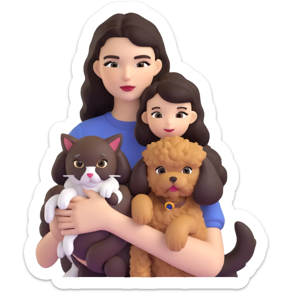 Kendall Jenner with long dark hair, holding a brown poodle and a black and white cat sticker