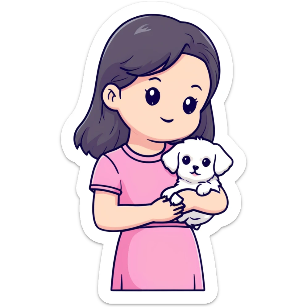 beautiful girl with long hair in pink top and skirt holding a small white Maltese puppy sticker