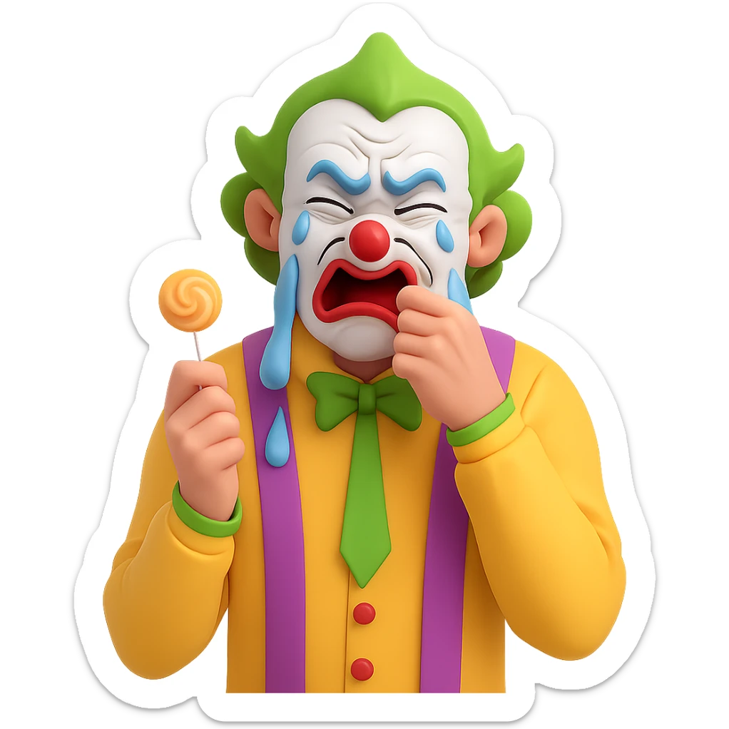 Make the ugly joker in the yellow jersey cry brutally out of envy, with exaggerated tears and a jealous, envious expression, still eating a lollipop, no background. Render in a style suitable for editing with transparent background. sticker