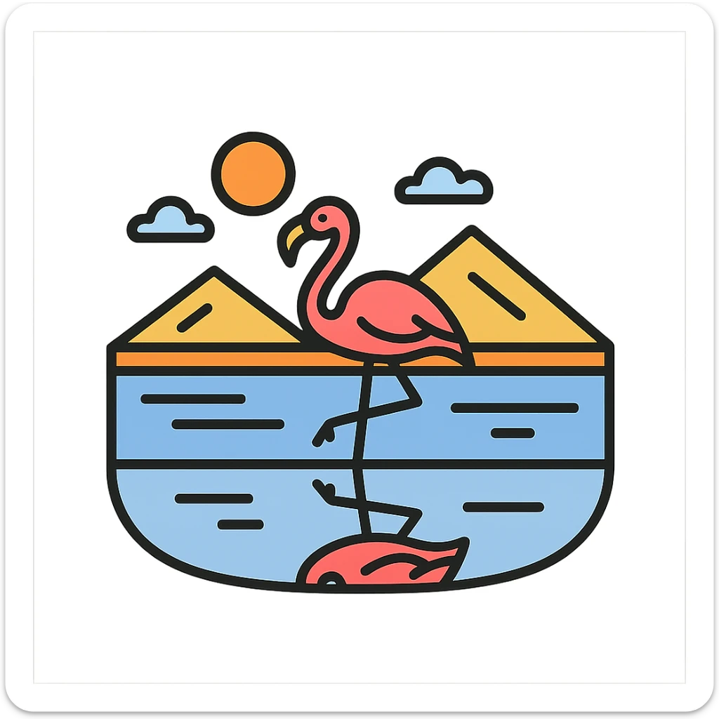 icon style of flamingo walking on Uyuni desert, reflected in salt lake, natural mystery and peacefulness sticker
