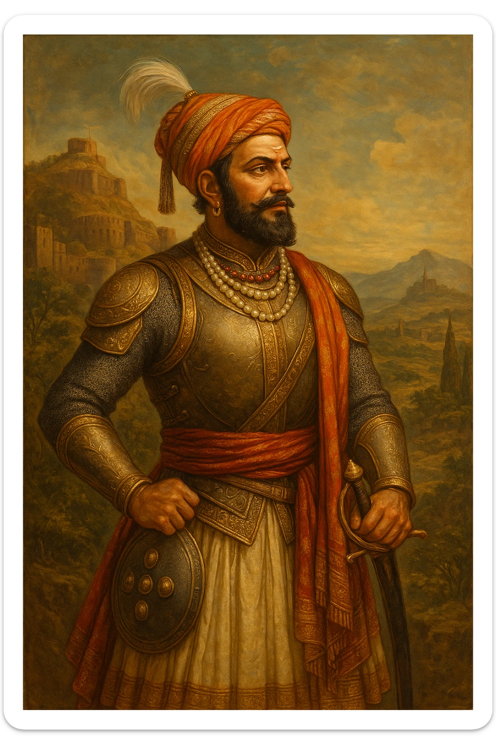 Shivaji Maharaj, iconic Indian warrior king, traditional Maratha attire, regal pose, historical details sticker