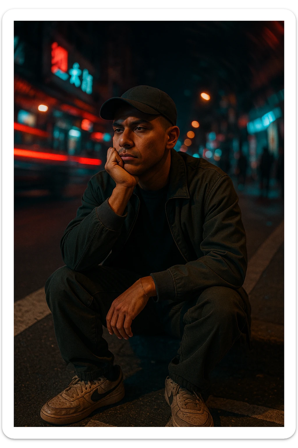 A cinematic night photo of a Southeast Asian man in his early 30s, with a medium tan (sawo matang) skin tone, sitting on the edge of a city sidewalk at night. He is wearing casual streetwear: a dark bomber jacket over a plain oversized T-shirt, loose-fit cargo pants, and worn-in sneakers. A black baseball cap is worn forward, slightly tilted. He sits with one knee up, resting one arm casually across it while the other hand props up his head — his chin resting on his knuckles, as he stares blankly toward the street ahead, deep in thought or zoning out.
The urban background is chaotic and colorful — glowing neon signs, streaks of red and blue light from passing cars, blurred silhouettes of pedestrians. A spiral or radial motion blur effect surrounds the background, emphasizing the stillness of the subject amidst the fast-moving city life.
Cinematic lighting highlights his face softly, with a warm glow on his skin while the surroundings remain moody and dark. The scene has a raw, introspective feel — like a frame from a neo-noir urban film. The ground beneath him is gritty and textured, the crosswalk lines and asphalt adding realism to the scene. sticker