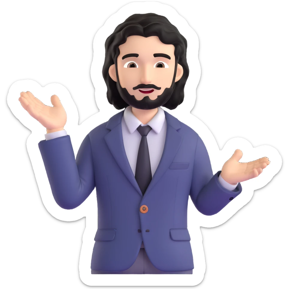 Business strategist with black wavy hair, stubble, chiseled face, wearing blazer and button-up shirt, leading a dynamic leadership workshop, engaging with a circle of participants, energetic teaching pose sticker