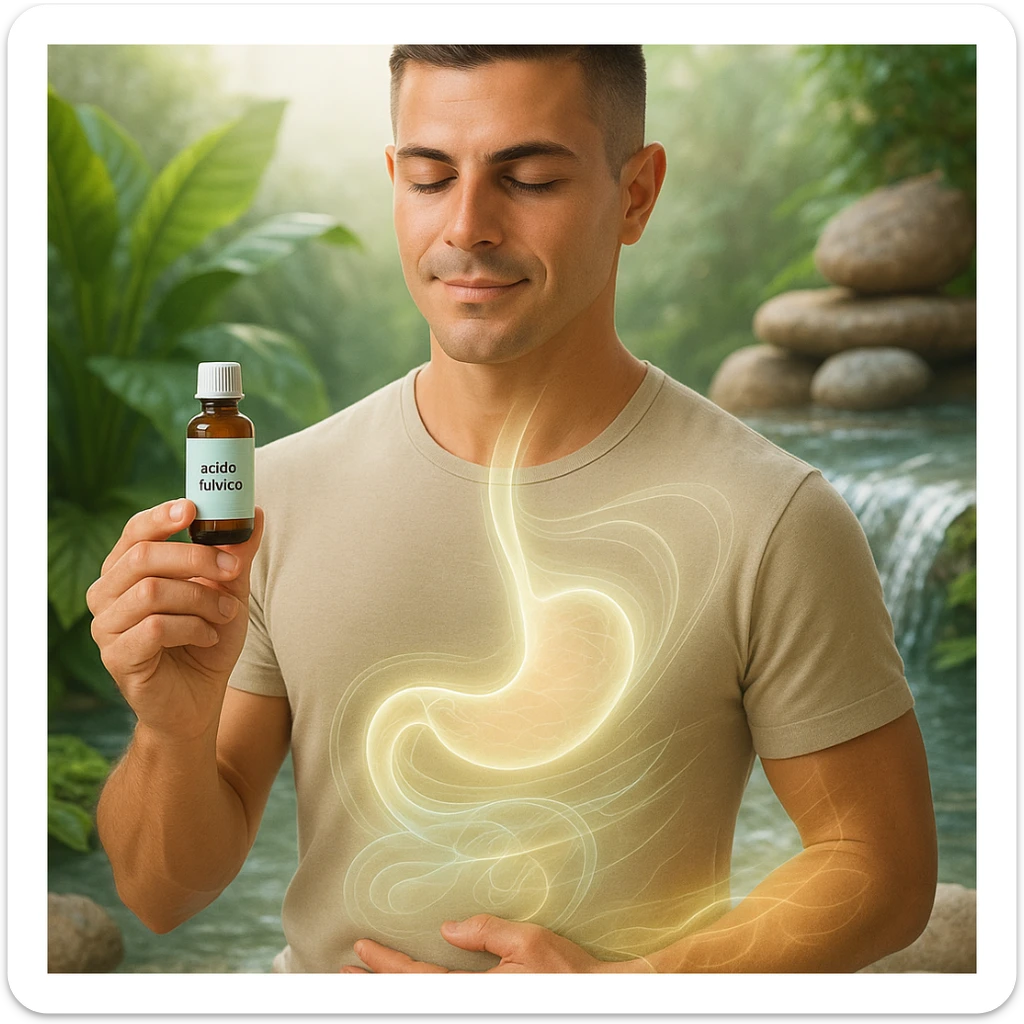 Uomo attento alla salute che tiene in mano una boccetta con etichetta 'acido fulvico' in un ambiente luminoso e naturale. Usa il suo viso dal riferimento. Espressione calma e rigenerata, luce soffusa, energia traslucida che attraversa addome, fegato e pelle. Sullo sfondo elementi naturali come piante, acqua pulita e minerali. Stile wellness pulito, semi-realistico, atmosfera olistica e rigenerante, testo in italiano. sticker