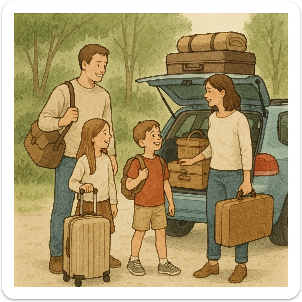 una familia viajando, estilo realista simple, simple realistic style sticker