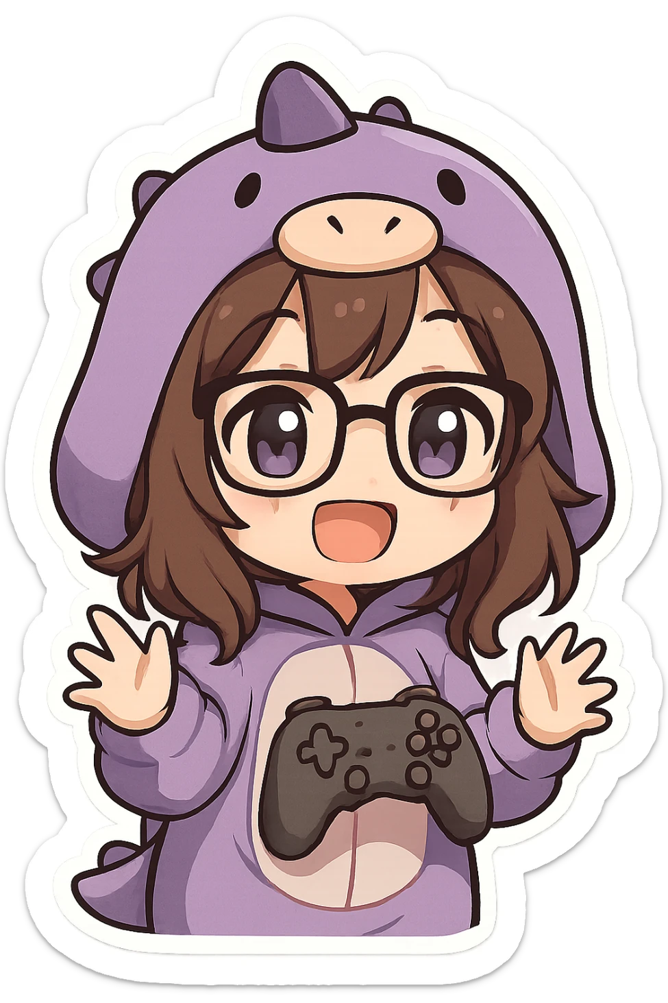 Create a chibi anime style gamer girl with glasses, brown hair, dark purple eyes, wearing a purple dinosaur costume. She should look happy with eyes open, hands visible and expressive, and no controller. The background should be transparent (no background). sticker