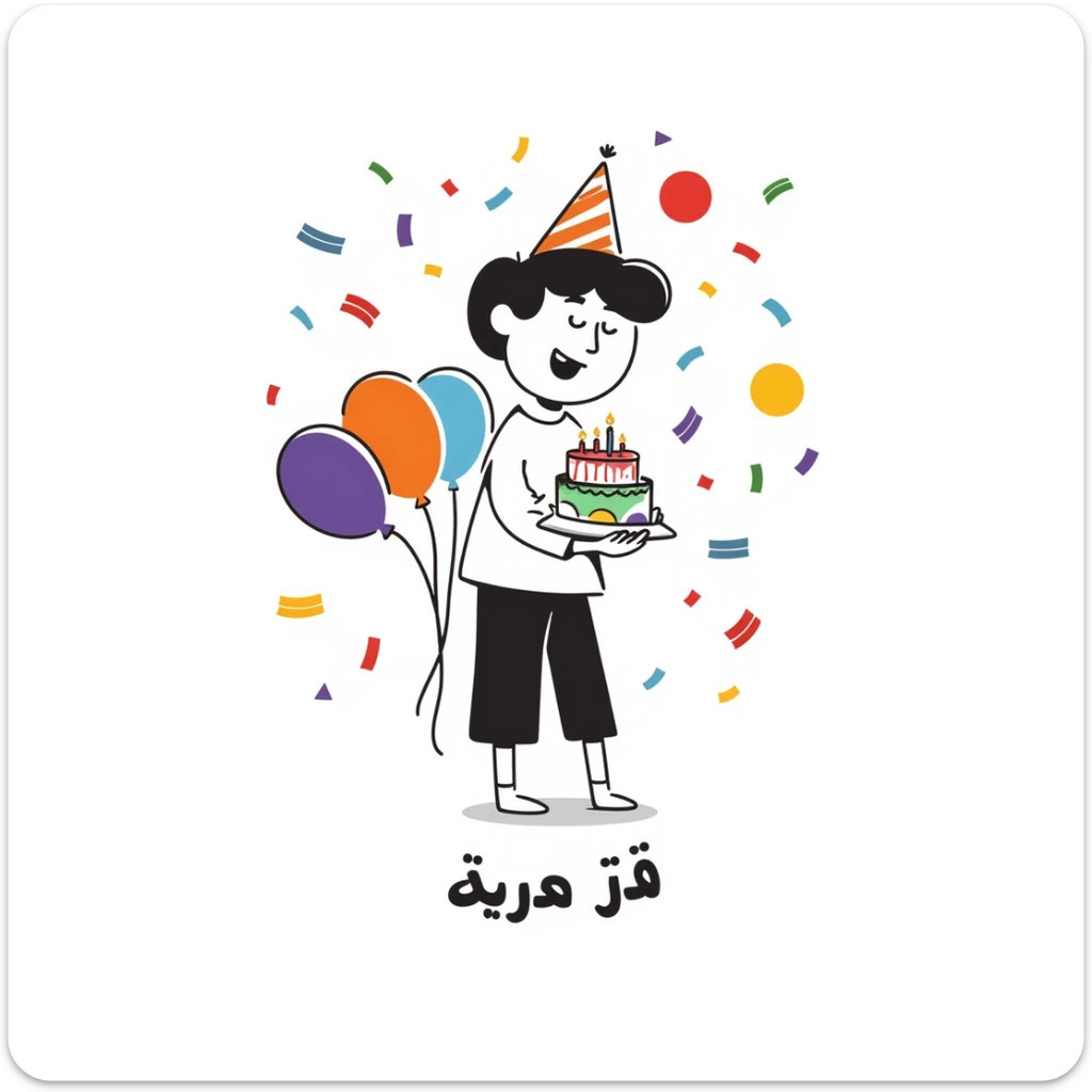 Vibrant, multi-colored illustration of a little boy with a colorful birthday cake, lots of colorful confetti, balloons, and party elements. Below the illustration, in a separate text area, write in very clear, large Persian characters: "امیدرضا جان تولدت مبارک" sticker