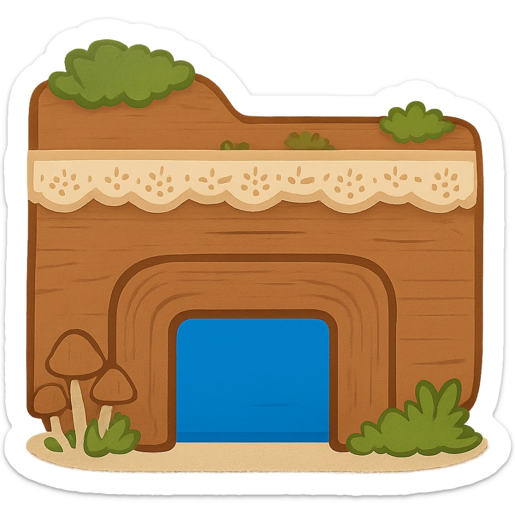 Recolor only the archway-shaped piece at the bottom of the folder icon to a bright blue, matching the original File Explorer icon. Keep the rest of the icon unchanged with cottagecore style, soft earthy tones, moss, mushrooms, lace. No words or text. Maintain transparent background. The style should reflect cottagecore aesthetic with soft earthy tones and natural elements. sticker