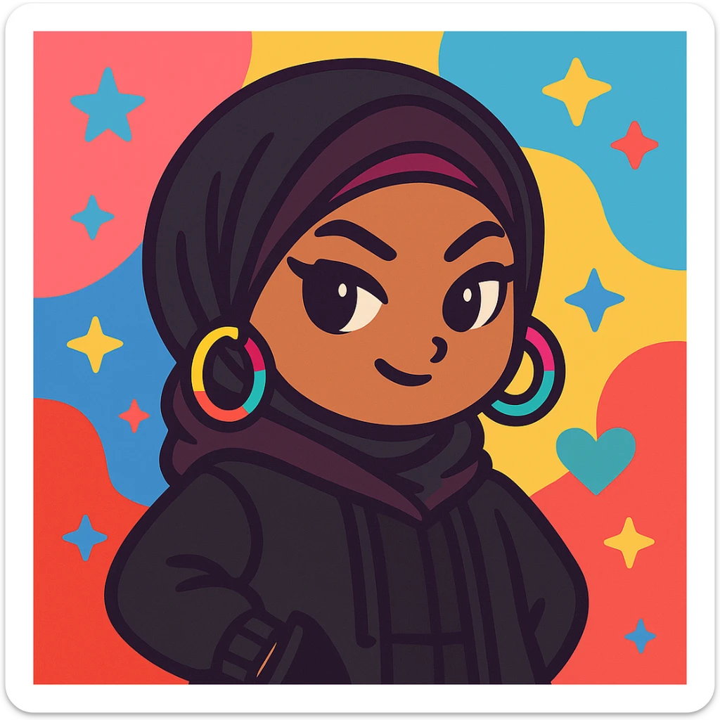 Change the outfit to black or very dark colors while keeping the baddie hijabi style. Show a sassy expression, hoop earrings, winged eyeliner, streetwear, fashionable hijab, urban vibe, and a colorful background. Accessories can stay colorful. sticker