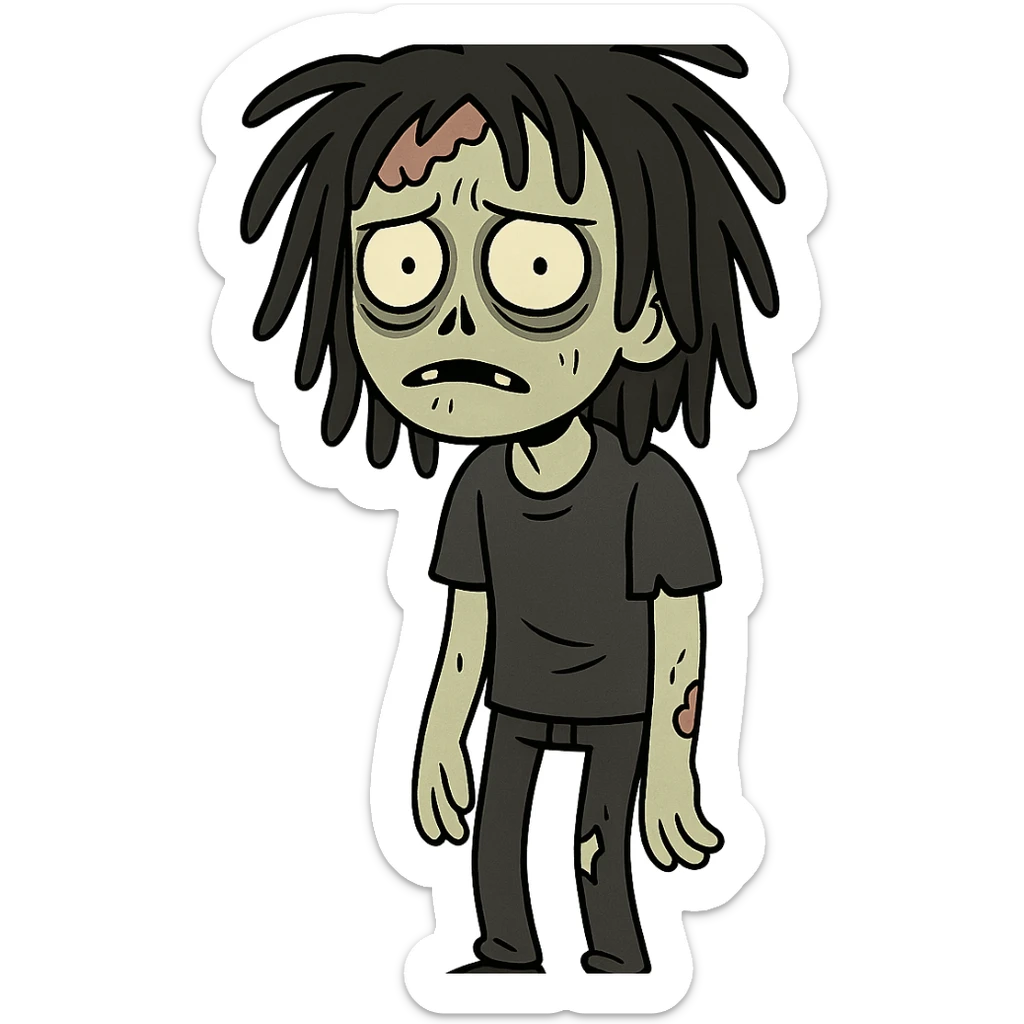 cartoon zombie boy with messy black freeform dreads, emo style, medium length, eerie and unsettling look sticker