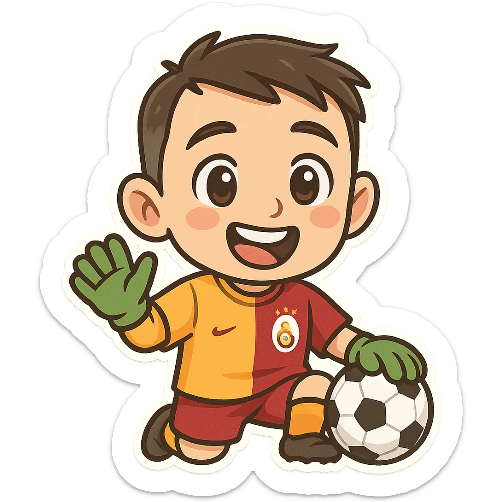 caricature, cute and humorous portrait of Muslera, famous Galatasaray goalkeeper, in yellow-red colors, football themed, with a fun facial expression sticker